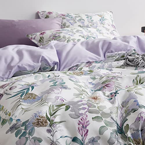 La Sheer Floral Garden Style Duvet Cover Set Watercolor Purple Bedding Set Smooth Soft Flowers Green Botanical Pattern 3 Pieces 1 Comforter Cover + 2 Pillow Shams(Full/Queen, No Comforter)