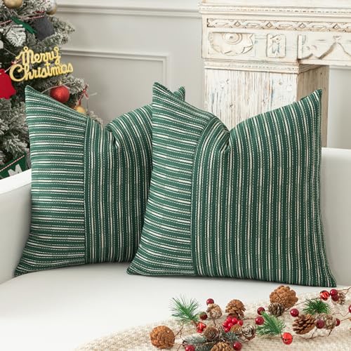 Kevin Textile Dark Green and Beige Farmhouse Striped Patchwork Linen Christmas Decorative Throw Pillows Covers 20x20, Set of 2, Modern Accent Square Cushion Covers for Couch Chair Bedroom