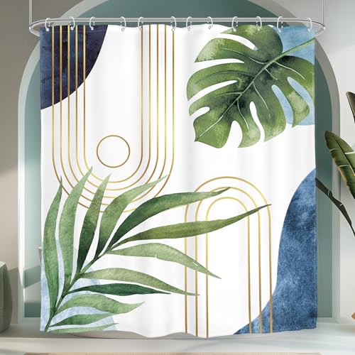 Boho Blue Green Shower Curtain Mid Century Abstract Bathroom Curtain Set - Tropical Palm Leaf Modern Minimalist Plant Botanical Geometric 60Wx72L Bathroom Decor Waterproof Fabric with Free Hooks