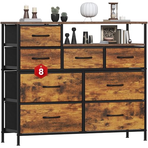 Feonase Chest of Drawers Bedroom, 8 Fabric Drawers with 2Top Open Shelves, Suitable for Bedrooms, Living Rooms(Rustic Brown)