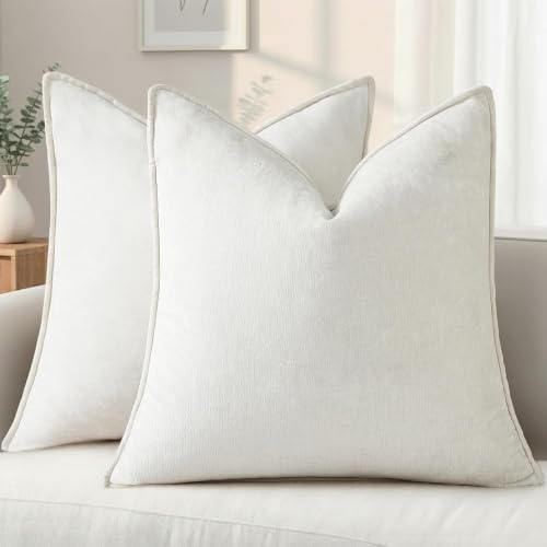 decorUhome Chenille Cream White Velvet Throw Pillow Covers 26x26 Set of 2 - Fall Soft Euro Sham Couch Decorative Modern Farmhouse Pillow Cases with Elegant Design for Sofa Bed Living Room Home Decor