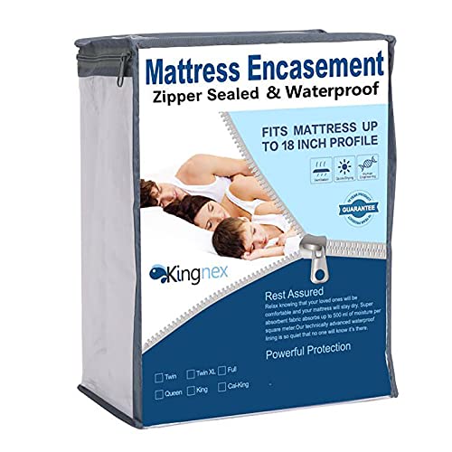 Kingnex Zippered Mattress Protector - Waterproof Mattress Encasement - Bed Bug Proof - Hypoallergenic Breathable - 6 Side Fully Encased Cover King Size