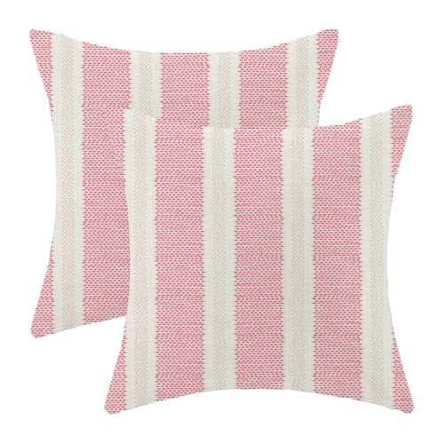 AEIOAE Hot Pink Summer OutdoorPillow Covers 18 x 18 Inch, Boho Polka Dots Striped Decor Throw Pillows for Couch Bed, Geometric Modern Farmhouse Decorative Pillowcase Linen Cushion Cover Set of 2