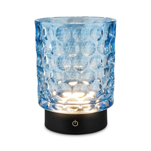 BRILONER - LED Table lamp Cordless IP44 with Glass Body, Touch dimmable in Steps, Rechargeable Battery & Light Source Interchangeable, Bedside lamp, Decorative lamp, Rechargeable, 15x11 cm, Blue