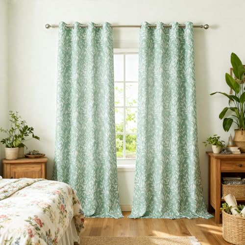 VOGOL Willow Leaf Curtains 84 Inches Long, Light Filtering Linen Textured Grommet Drapes for Dining Room or Bedroom, Easy Hanging Window Treatment, 1 Panel, 52 x 84