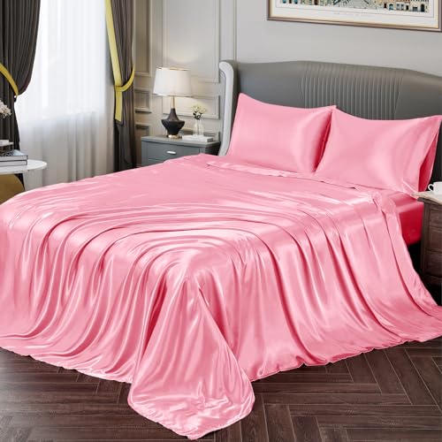 Vonty Twin Silky Soft Satin Bedding Bed Sheets Bright Pink Satin Sheet Set, 1 Deep Pocket Fitted Sheet + 1 Flat Sheet + 1 Pillowcase