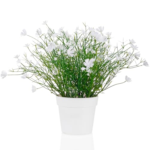 Blafrozzing Artificial Babys Breath Potted Fake Plants with Flowers Faux Plants Indoor for Home Office Bookshelf Table Room Decor (White)