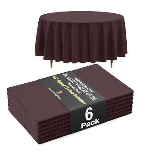Exquisite 66% Thicker Premium Brown Round Tablecloth 0.5 Mil 6 Pack Plastic Table Cloth reusable 84 Inch Round Plastic Tablecloth Won't Tear Easily Like Cheap Thin Brands