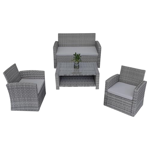 4 Piece Rattan Garden Furniture Set β 4 Seater Grey Outdoor Patio Sofa Set with Cushions, 2 Chairs, Loveseat and Tempered Glass Coffee Table for Garden, Balcony, Terrace, Conservatory and Backyard