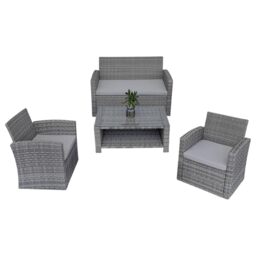 4 Piece Rattan Garden Furniture Set – 4 Seater Grey Outdoor Patio Sofa Set with Cushions, 2 Chairs, Loveseat and Tempered Glass Coffee Table for Garden, Balcony, Terrace, Conservatory and Backyard
