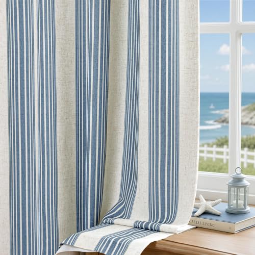 DriftAway Chris Linen Blackout Curtains with Thermal and Sound Reducing Layer 96 Inches Long for Bedroom Striped Printed Drapes Thermal Insulated Lined Window Treatments for Living Room Jean Navy