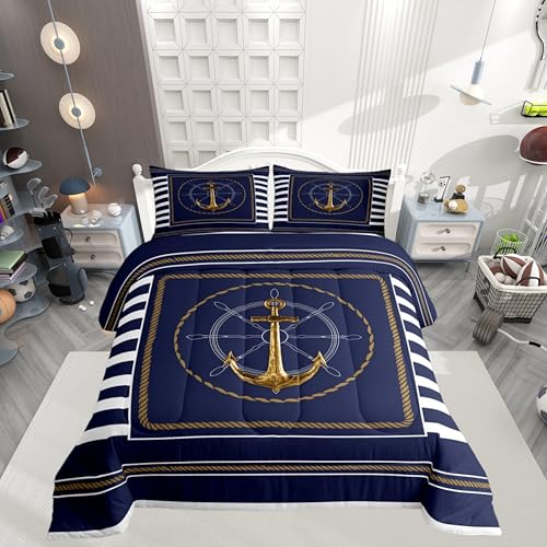 Feelyou Anchor Decor Comforter Set Twin Size Nautical Themed Bedding Set for Boys Girls Teens Ocean Comforter Sea Adventure Duvet Set Navy Blue Quilt Set