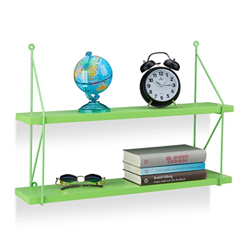 Relaxdays Hanging Wall Shelves, 2-Tier Bookcase H x W x D: 42 x 60 x 16 cm, Green