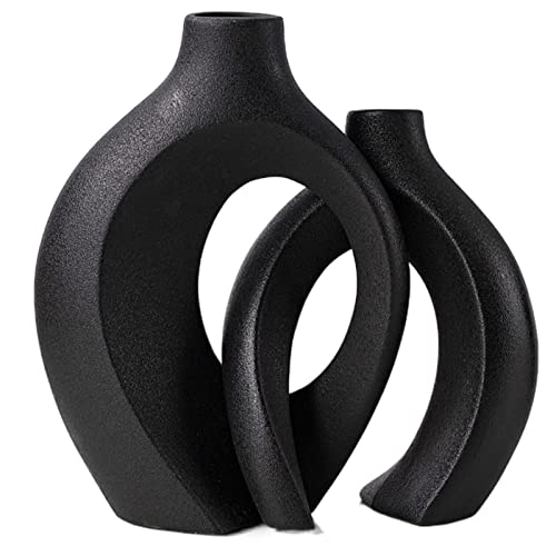 "Levvohd Black Hollow Ceramic Vase Set of 2, Snuggle Round Boho Donut Modern Vase Nordic Minimalist Decorative Vase for Modern Trendy Home Table Centerpiece Decor (W 6.3"" X H 8"")"
