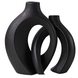 "Levvohd Black Hollow Ceramic Vase Set of 2, Snuggle Round Boho Donut Modern Vase Nordic Minimalist Decorative Vase for Modern Trendy Home Table Centerpiece Decor (W 6.3"" X H 8"")"