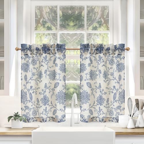 DriftAway Kitchen Curtain Floral Tier Linen Short Floral Paisley Patterned Cafe Curtains 36 Inch Length for Living Room Bathroom Freda Jacobean Farmhouse Country Drapes Rod Pocket 2 Panels Navy