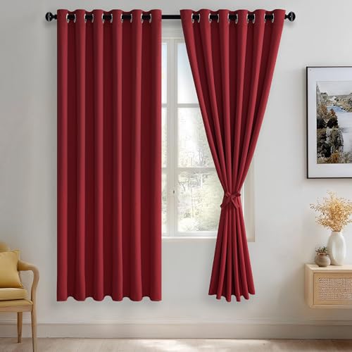 JIUZHEN Red Blackout Curtains with Tiebacks - Thermal Insulated, Light Blocking and Noise Reducing Grommet Curtains for Bedroom and Living Room, Set of 2 Window Curtain Panels, 70 x 72 Inch Length
