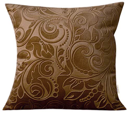 TangDepot Heavy Velvet Cushion Cover Embossed Classic Floral Anaglyph Velvet Art Deco 14x14 C11 Almond
