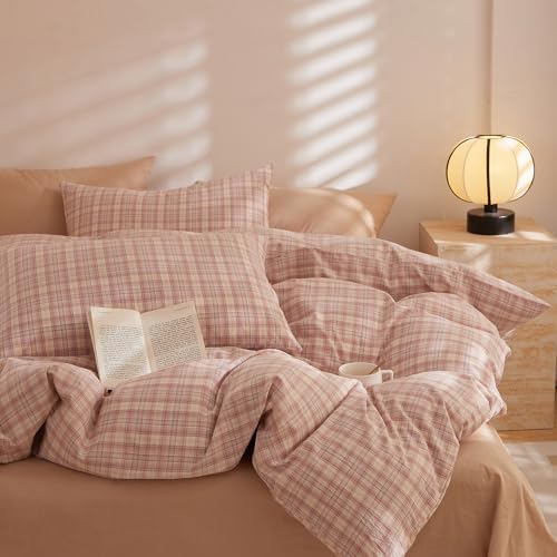 EAVD Pink Gingham Duvet Cover Twin Soft Washed Cotton Reversible Grid Plaid Bedding Set with 2 Pillowcases Modern Checkered Grid Duvet Cover with Zipper Farmhouse Gingham Bedding Set for All-Season