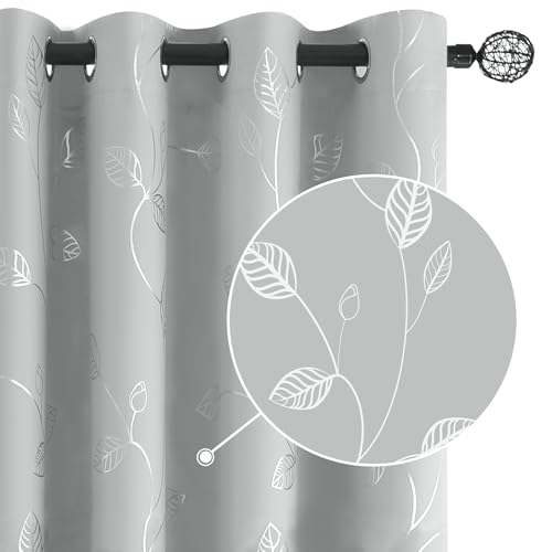 BUHUA Blackout Curtains for Bedroom Living Room 72 Inches Long 2 Panels Silver Leaf Pattern Thermal Insulated Curtain Drapes for Dining Room Sliding Door, Grey, 52Wx72L