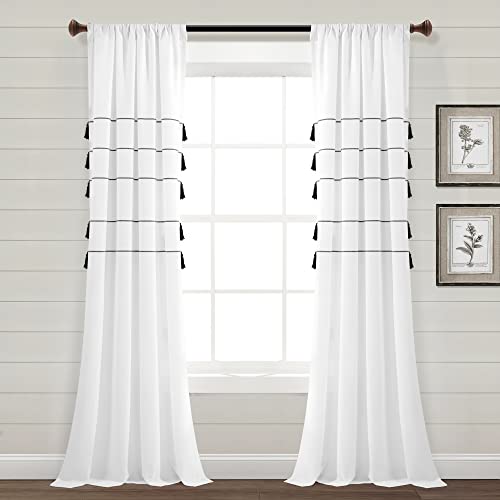 "Lush Decor Farmhouse Boho Stripe Woven Tassel Yarn Dyed Cotton Window Curtain Panel Pair, 95"" L x 42"" W, White"