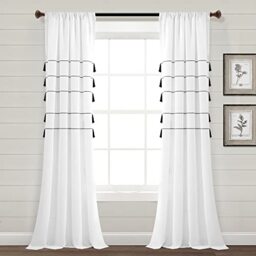 "Lush Decor Farmhouse Boho Stripe Woven Tassel Yarn Dyed Cotton Window Curtain Panel Pair, 95"" L x 42"" W, White"
