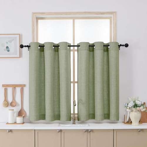 Chyhomenyc Sage Green Curtains 36 Inch Length, Light Filtering Faux Linen Textured Small Kitchen Window Curtains Over Sink, Grommet Short Cafe Curtain for Bathroom Basement, 40Wx36L, 2PCS