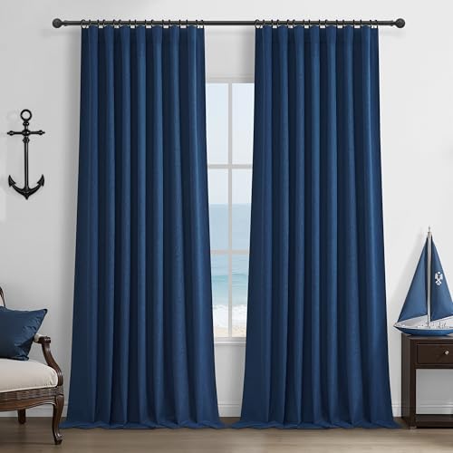 "Navy Blue Blackout Curtains 100 Inch Length for Boys Rooms/Bedroom, Floor to Ceiling Track Pleated Drapes with Hooks Linen Thermal Coastal Curtain Dark Blue Window Burg 50""Wx100""Lx2Panels Back Tab"