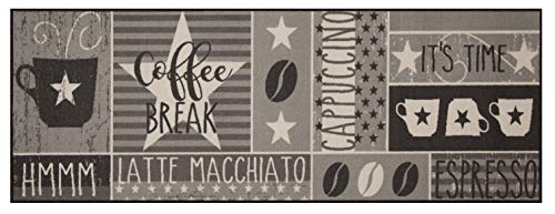 "Zala Living Vibe Runner - Kitchen Runner Non-Slip Rug Runner Flat Weave Short Pile Rug Kitchen Rug Washable ""Coffee Break"" for Hallway, Kitchen, Living Room, Bathroom, Bathroom - Grey, 180 x 67 cm"