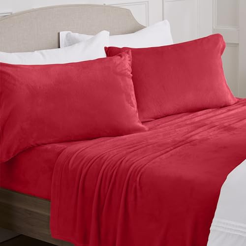 NY Loft Ultra Soft Micro Fleece Sheet Set - Full Size - Super Plush Sheets - Holiday Themed - Extra Deep Pockets - Cozy Warmth - Tribeca Collection (Full - Christmas Red)