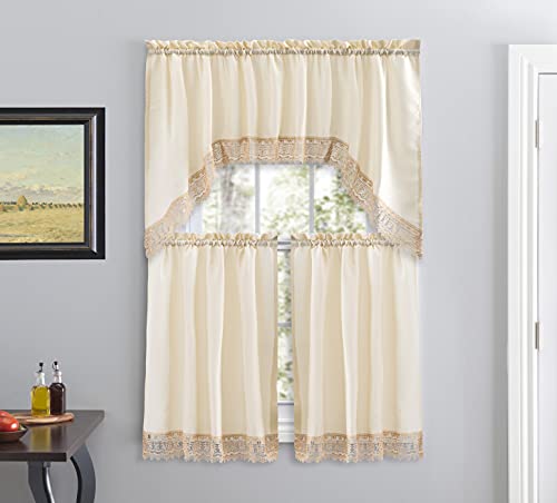 American Linen Set of 3 Window Curtains with Embroidered Lace Trim Beige - Includes matching valance and tiers with lace trim. Light-filtering curtains for kitchen, bath, and small windows.