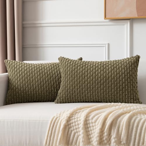 Kevin Textile Pack of 2 Corduroy Decorative Throw Pillow Cushion Covers 12x20 Inch Soft Boho Striped Pillow Covers Modern Farmhouse Home Decor for Sofa Living Room Couch Bed Olive Green