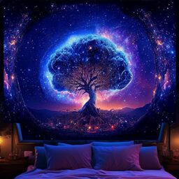 "Avinyl Blacklight Tree and Space Tapestry for Bedroom, Aesthetic Cool Black Light Tree of Life Tapestries for Girl, Fantasy Stars Galaxy Wall Hanging for Living Room Teen Dorm Decor (51"" x 60"")"