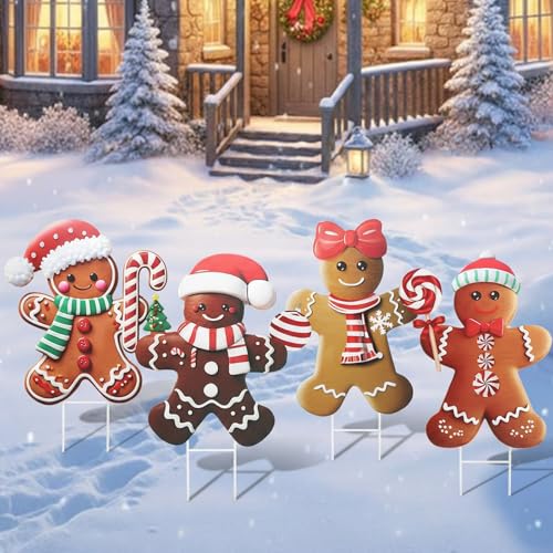 Weysat 4 Pack Christmas Metal Stakes Gingerbread Man Yard Signs with Stakes 15.75 Inch Christmas Outdoor Decorations Xmas Gingerbread Outdoor Signs Winter Party Ornaments for Lawn Pathway Garden