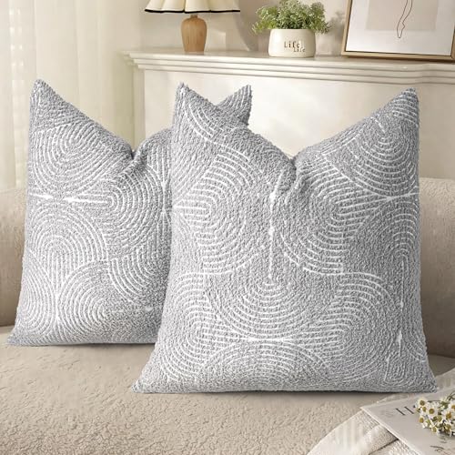 AELS Boho Decorative Textured Throw Pillow Covers 20x20, Modern Mid Century Rainbow Tufted Pillow Case, Farmhouse Rustic Geometric Woven Cushion Case for Bed Couch Sofa, Light Gray