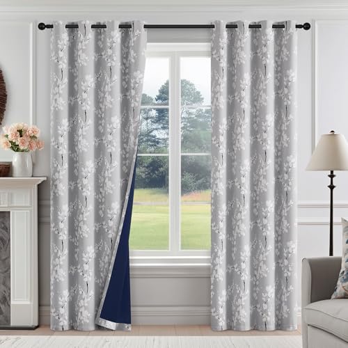 FMFUNCTEX 100% Blackout Curtains for Bedroom Grey Floral 108 Inches Long Curtain for Living Room Blossom Printed Thermal Insulated Extra Long Drapes for Farmhouse D??cor 2 Panels Grommet Top