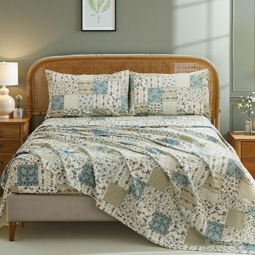 Cozaline Shabby Chic Floral Patchwork Sheets Set Queen Size, Crisp Cooling Sheets with a Smooth Cotton Percale Lightweight Feel, 4 Pieces Luxury Soft Deep Pocket Fitted Sheet 17.5''