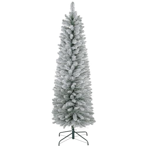 HOMCOM 5ft Artificial Pencil Christmas Tree Metal Base, Snow Flocked, White - 263 Branches, Realistic Xmas Tree