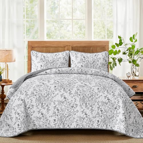 "WONGS BEDDING Quilt Set Queen Size - Floral Printed, Microfiber Coverlet, Breathable All-Season, Fits Queen 96""x90"", Perfect for Bedroom Guest Room Home Decor"