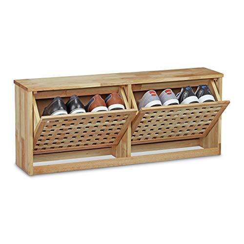 Relaxdays Wooden Shoe Rack Shoe Drawer Closing Shoe Storage made, natural - Walnut Wood, 38 x 94 x 20 cm Shoe Drawer Shoe Shelf for Wall-Mounting, Modern Shoe Chest Hallway Furniture