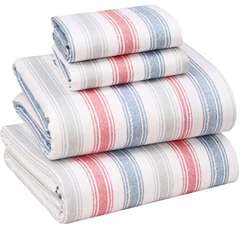 "Ruvanti 100% Cotton King Size Sheets Set, 4 Pieces, Soft & Breathable Percale Weave Bedding, Deep Pocket 16"", Hotel Standard, Crisp Cool Feel, Durable, Perfect Striped Bed Sheet, Times"