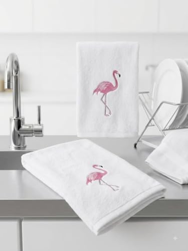 2 Pack Flamingo Cotton Hand Towels, 12x20 Inches, White - Mix (2), Decorative for Kitchen & Bathroom