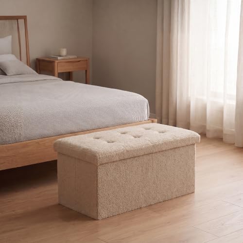 GC GAVENO CAVAILIA Boucle Ottoman Storage Box Large With Lids, Dark Natural - Comfortable Fabric Foldable Storage Bench Blanket Box - Storage Footstool For Living Room, Hallway, Bedroom, 76x38x38cm