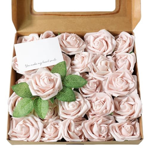 Meldel Artificial Flowers 25pcs Real Looking Pink Foam Fake Roses with Stems for DIY Wedding Bouquets Bridal Shower Centerpieces Floral Arrangements Home Decorations