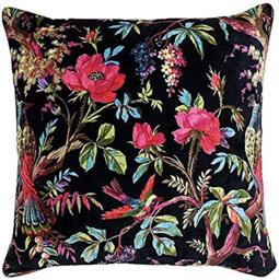 "Riva Paoletti Paradise Square Polyester Filled Cushion Colourful Bird Print-Faux Velvet Fabric-Machine Washable-100 Case (20"" x 20"" inches) -Designed in The UK, Cotton, Black, 50 x 50cm"