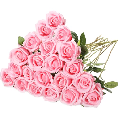 Hotop 20 Pcs Rose Artificial Flowers with Long Stem Realistic Silk Roses Bulk Real Touch Plastic Bouquet of Roses for Home Bridal Wedding Party Table Centerpieces Decorations(Pink)