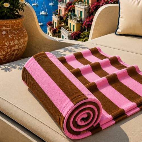 PETTI Artigiani Italiani - Microfibre Beach Towel, Beach or Pool Towel, Beach Towel, Large 90 x 180 cm, Brown Pink Stripes
