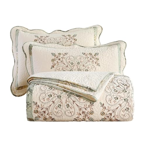 vctops 3 Piece Farmhouse Patchwork Quilt Set Oversized Queen, Elegant Floral Embroidered Cotton Quilted Bedspread Coverlet Lightweight Reversible Bedding Cover with 2 Pillow Sham (98x106 in)