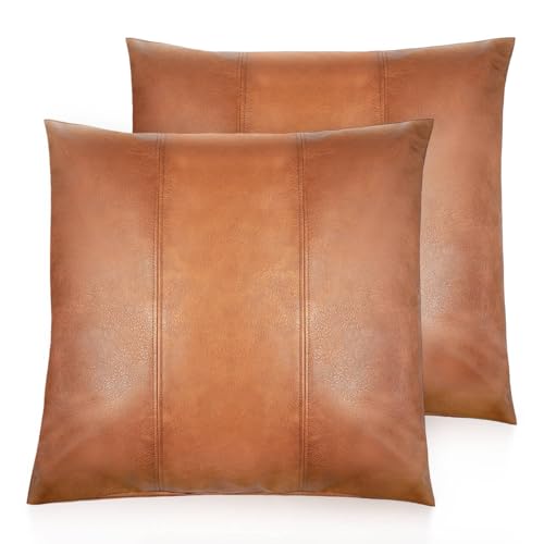 AOOTOOLINK Faux Leather Throw Pillow Covers 26X26 Inch Set of 2 Brown Outdoor Modern Farmhouse Solid Decorative Pillow Covers for Room Couch Living Bedroom Bed Sofa