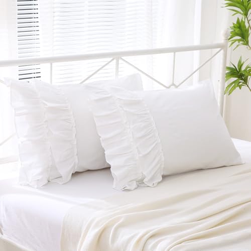 "YOKKITA 2 Pack White Ruffle Pillow Shams Standard Size 20""x26"" - 100% Cotton, French Country Style, Cute Ruffle Hem, Envelope Closure, Decorative Bed Pillow Shams"